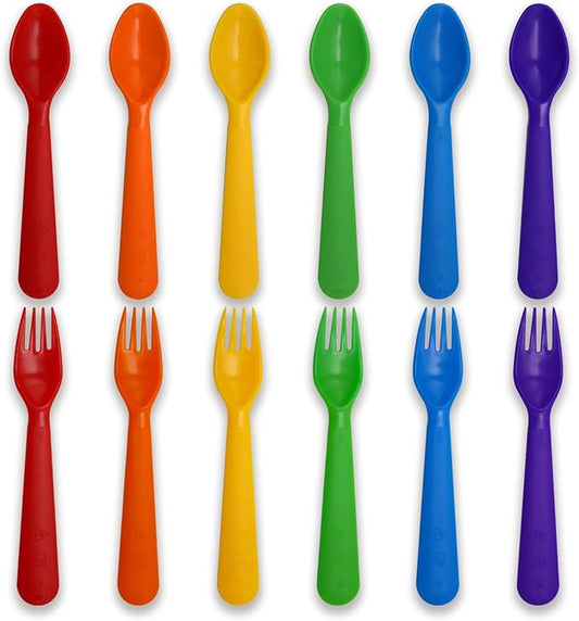 12 Pcs Kids Spoons and Forks Toddler Utensils Plastics Reusable Silverware Baby Cutlery Set Feeding Dinnerware Utensils BPA Free Microwave Dishwasher and Freezer Safe- Rainbow