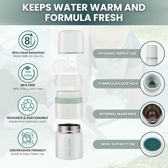 MILK & WATER All in One Baby Bottle & Baby Formula Dispenser On The Go, 5oz - Keeps Water Warm & Formula Fresh - Baby Formula Mixing Bottle with Anti Colic Nipple - Leak-Proof - 3+ Months (Green)