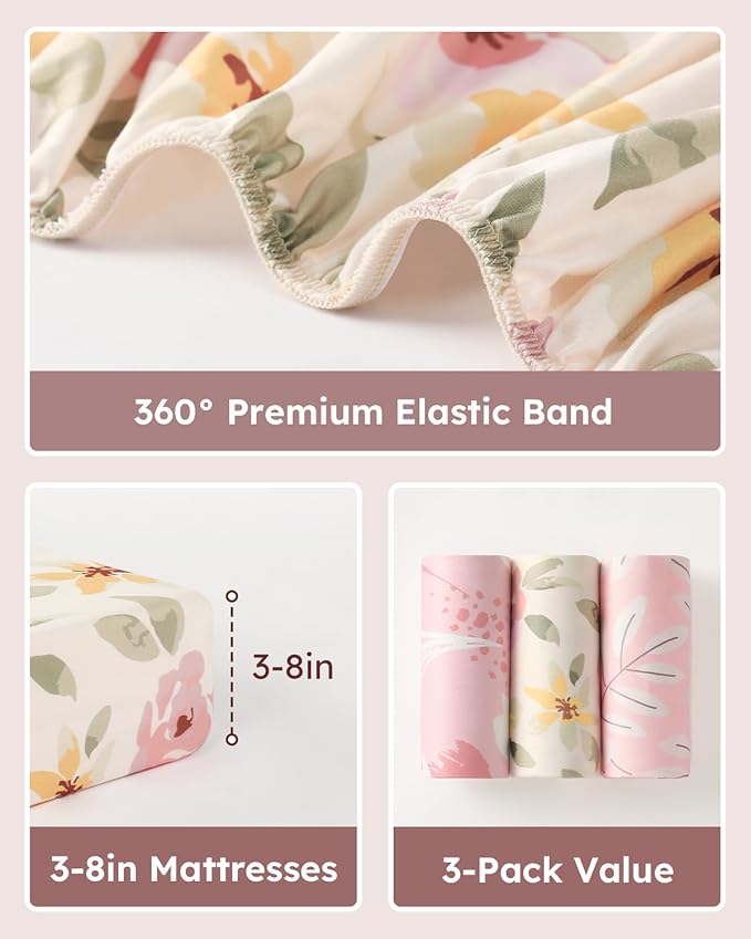 Baby Crib Sheets for Boys Girls, 28x52x8in Fitted Crib Sheet Neutral 3 Pack for Standard Crib and Toddler Mattress, Breathable Soft Microfiber Baby Sheet Pink Flowers & Leaf