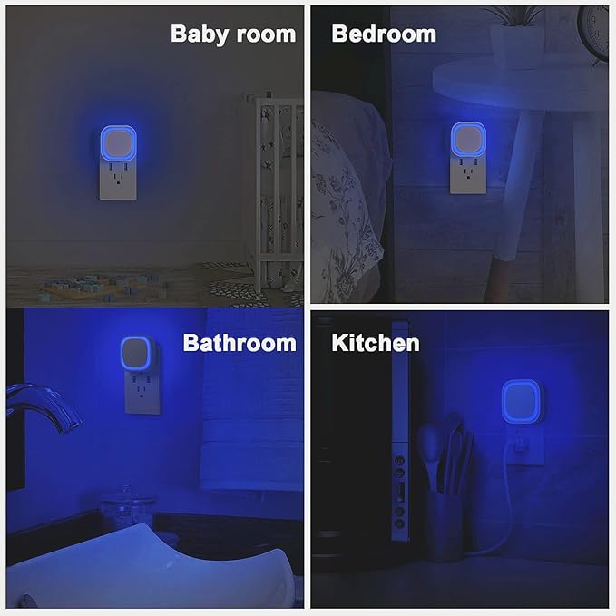 4 Pack Plug in Dimmable Night Light, Blue Nightlight, Auto Dusk to Dawn Sensor, LED Night Light, Soft Glow, Diffused Light for Bathroom, Hallway, Stairs, Kitchen, Bedroom