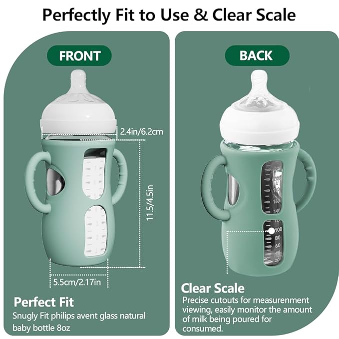 2 Pack Silicone Sleeves for Avent Natural Glass Bottles, Anti Breakage Baby Bottle Protector with Easy-Grip Handle, Compatible Philips Avent Glass Natural Bottle 8 oz, Not for Infant Use