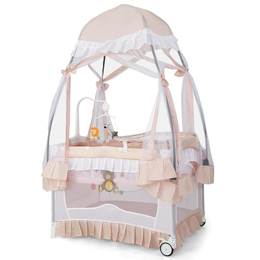 HONEY JOY 4-in-1 Pack and Play with Canopy, Portable Baby Playard w/Changing Table and Infant Bassinet Cute Toys & Music, Foldable Bassinet for Newborn and Toddler(Light Pink)