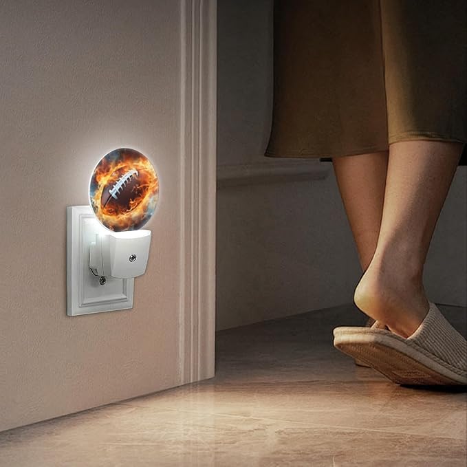 Round LED Night Lights Lamp with Dusk to Dawn Sensor, American Football Ball on Fire Night Light Plug Into Wall for Kids Room, Bedroom, Bathroom, Kitchen, Hallway