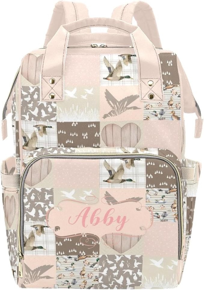 Custom Mallard Pink Baby Diaper Bag with Name – Personalized Nursing Travel Tote Backpack for Mom or Dad, Custom Name Baby Daypack Gift