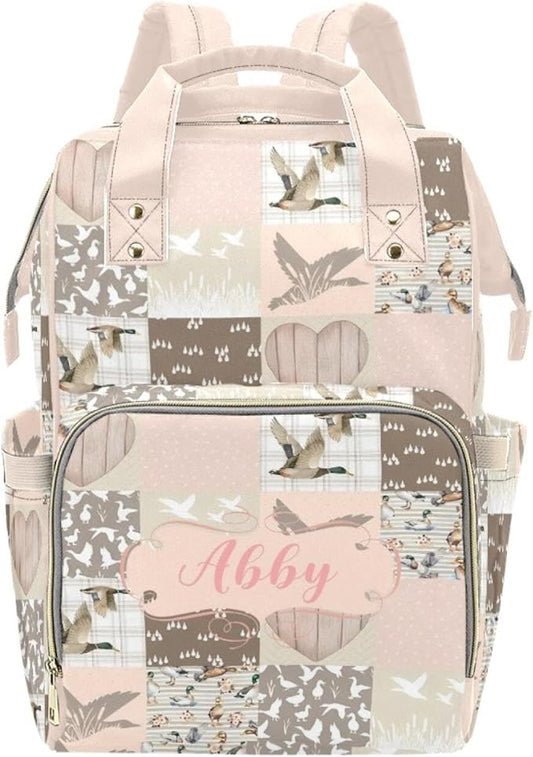 Custom Mallard Pink Baby Diaper Bag with Name – Personalized Nursing Travel Tote Backpack for Mom or Dad, Custom Name Baby Daypack Gift