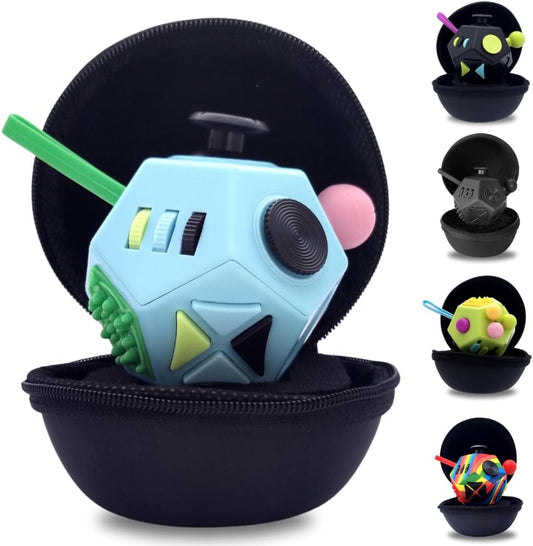 PILPOC theFube Fidget Cube with 12 Sides - Handy Anxiety Toys for Kids and Adults - Fidget Dice for Stress Relief & Focus - Anti Stress Cube for ADHD, ADD, with Carry Case (Light Blue & Mix)