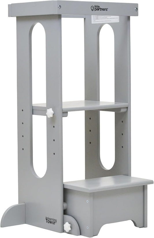 Little Partners Foldable Toddler Tower, Learning Tower Explore 'N Store Montessori Standing Kitchen Tower with Folding Step Stool Platform for Cooking and Learning, Ages 2+ (Silver Drop)