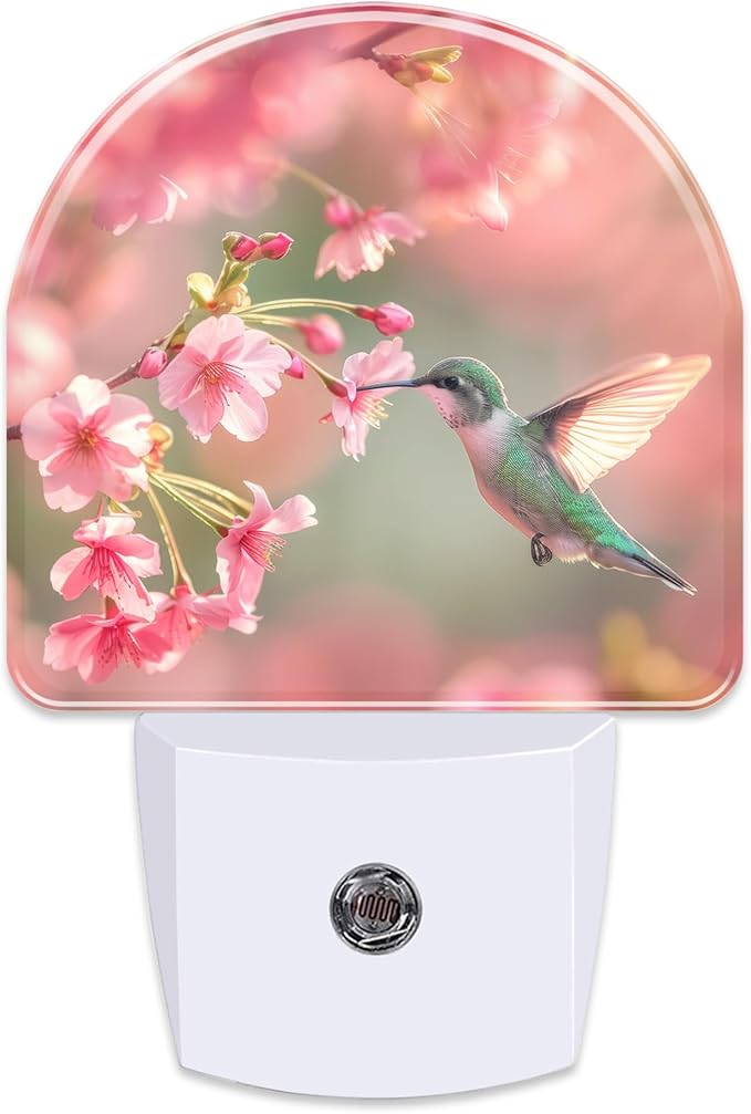 Hummingbird with Cherry Blossoms Night Light Plug into Wall, Pink Flowers Bird Dusk to Dawn Night Light,0.5w Energy Saving Sleep Friendly Nightlight for Kids Boys Girls Home