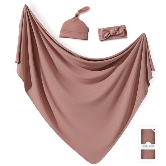 GRSSDER Newborn Swaddle Blanket, Ultra Soft Jersey Receiving Blanket with Matching Headband and Beanie Set, 47×47" Extra Large Nursery Swaddle Wrap for Girls and Boys