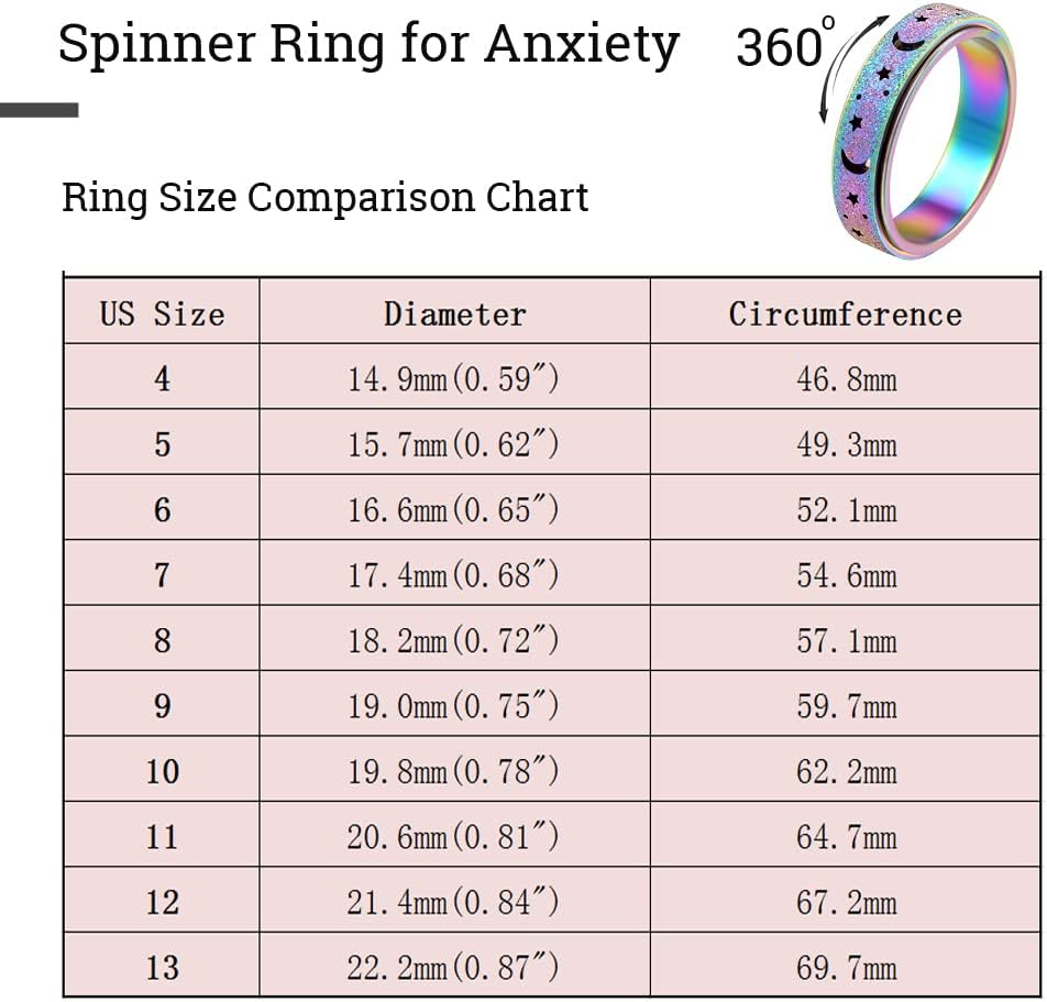 Anxiety Ring for Women Spinner Ring Fidget Ring Fidget Toys Adults Spinner Rings for Anxiety Fidget Rings for Women Fidget Ring Moon Star Rainbow 8
