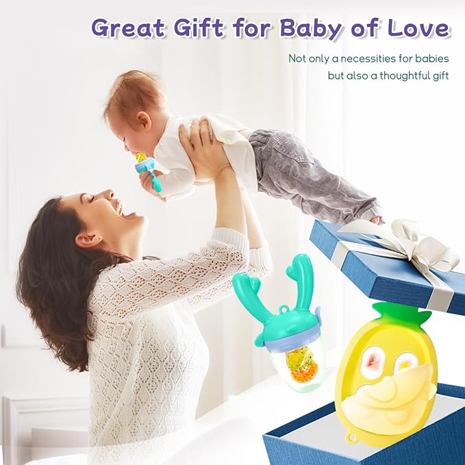 Baby Fruit Food Feeder - Silicone Nibble Tray Combo - Breastmilk Popsicle Mold for Cooling Relief, BPA Free Mesh Feeder for Infant Self Feeding (Antler Blue + Pineapple)