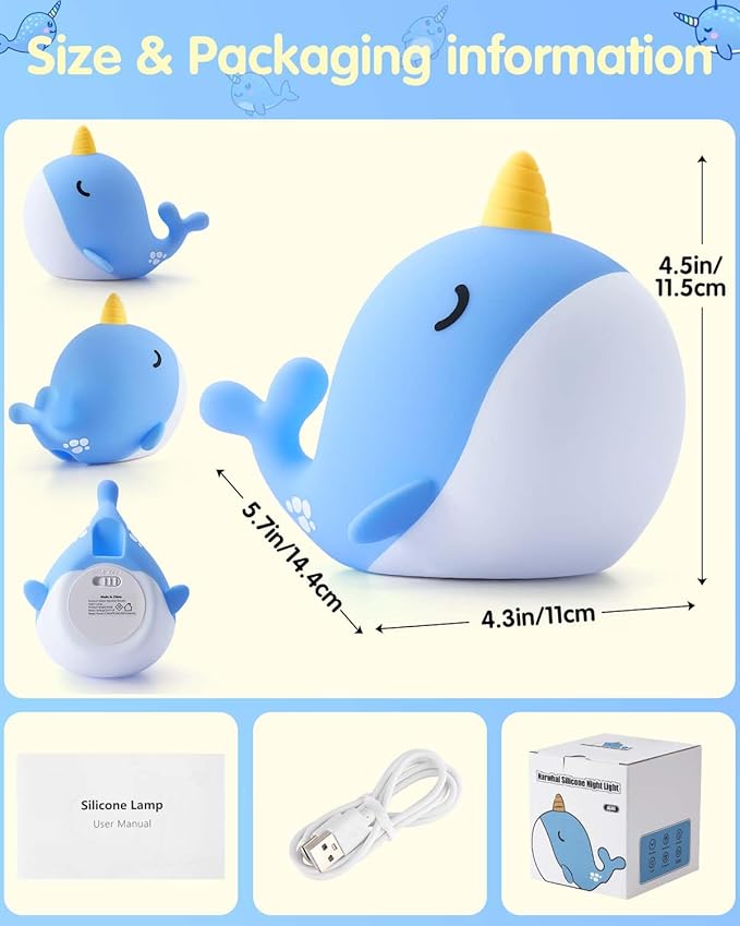 Fuloon Narwhal Night Light with Whale Shape, Squishy Silicone Kids Lamp, Safe & Soothing Touch Control for Kids and Babies, USB-C Rechargeable, 30-Min Auto Timer, Gift Idea (Blue)