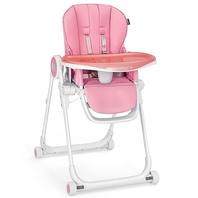 BABY JOY High Chair for Babies & Toddlers, Foldable Highchair with Adjustable Backrest/Footrest/Seat Height, Double Removable Trays, Detachable Seat Cushion, 4 Lockable Wheels (Pink)