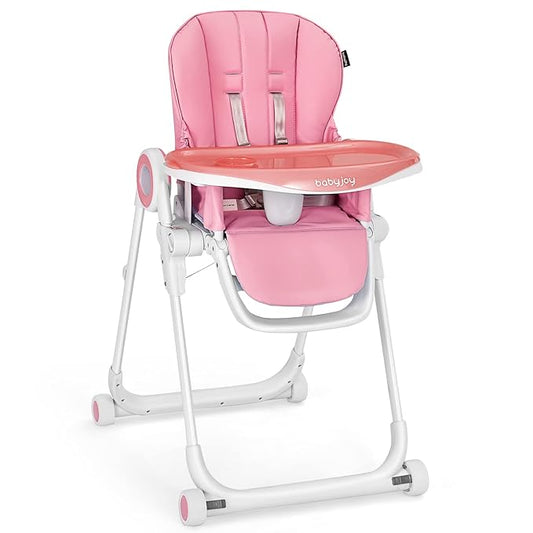 BABY JOY High Chair for Babies & Toddlers, Foldable Highchair with Adjustable Backrest/Footrest/Seat Height, Double Removable Trays, Detachable Seat Cushion, 4 Lockable Wheels (Pink)