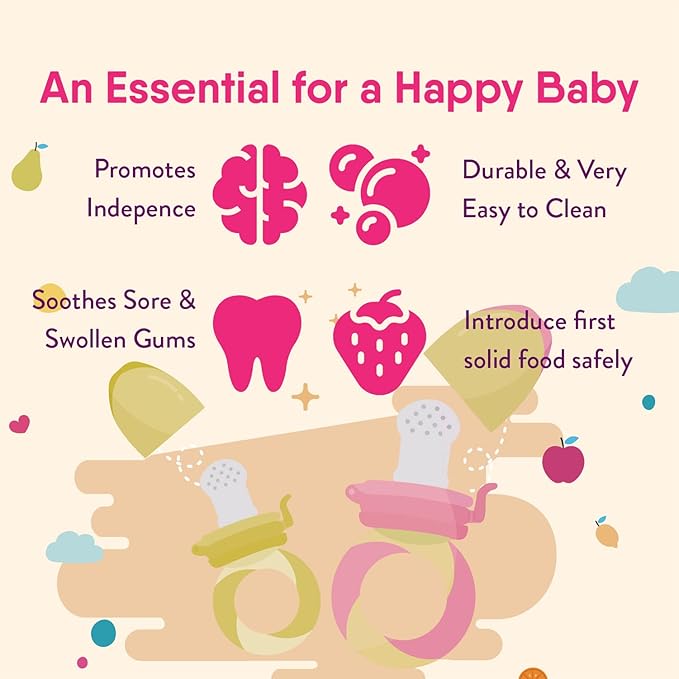 NatureBond Baby Food Feeder/Fruit Feeder Pacifier Nibbler (2 Pack) - Infant Teething Toy Teether Weaning in Appetizing Colors | + Additional Silicone Sacs