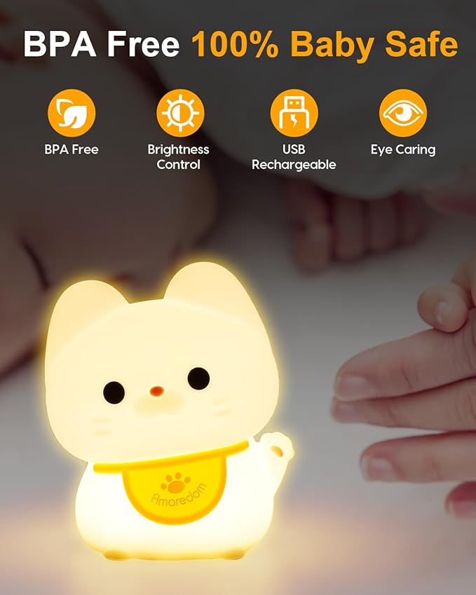 Amaredom Waving Kitten Night Light, Cute Cat Lamp, Silicone Dimmable Nursery Nightlight, Rechargeable LED Bedside Lamp with 20 Minutes Timer & Tap Control Baby Girls Women Bedrooms, Living Room
