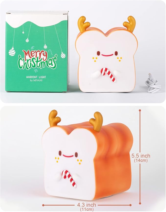 Cute Christmas Gifts for Women, Girl, Deer Toast Lamp Bread Night Light, Battery Powered USB Rechargeable, Touch Senser, 1 Hour Timer, Portable Silicone Kids Nightlight for Nursery