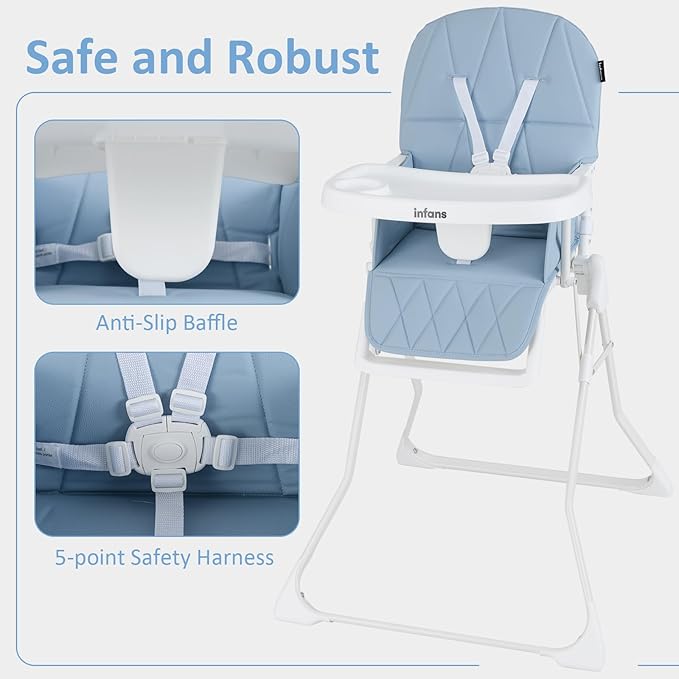 INFANS Baby High Chair, Quick Folding Portable Highchair for Babies and Toddlers with Adjustable Footrest Removable Dishwasher Tray PU Seat, Compact Highchairs for Baby Age 6-36 Months (Blue)