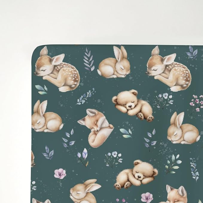 Sleeping Spring Animals Baby Crib Sheets Boy Girl 28"x52" Bear Deer Bunny Floral Leaves Soft Snug Fitted Crib Mattress Cover Cute Animals Baby Sheet for Standard Crib & Toddler Mattress