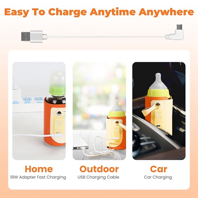 Baby Bottle Warmer – Portable Milk Warmer with 5 Adjustable Temperature Levels, LED Display & Fast Charging, Bottle Insulation Cover for Travel, Car & Outdoor Use