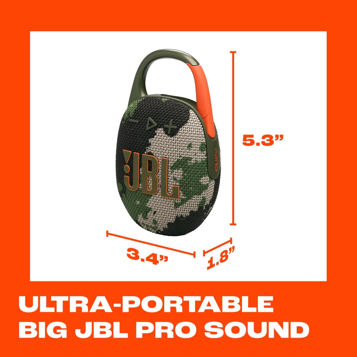 JBL Clip 5 - Ultra-Portable, Waterproof & Dustproof Bluetooth Speaker, Big Pro Sound with Punchy bass, Integrated Carabiner, Up to 12 Hours of Play, Made in Part with Recycled Materials (Squad)