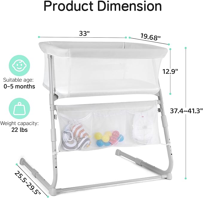 Cowiewie Bassinet Bedside Sleeper,Baby Bassinets Higher Place on Bed,5-Position Adjustment Baby Crib,Breathable 360° Mesh Sides Bedside Bassinet,Space-Saving Bedside Cribs, Height(37.4-41.3") (White)