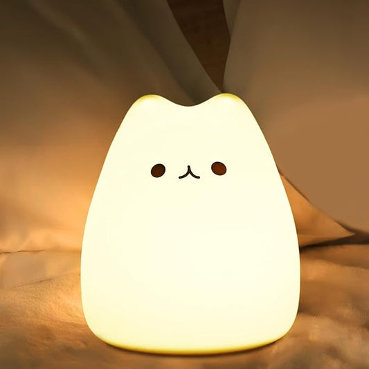 LED Cat Night Light, Battery Powered Night Light for Kids, Silicone Multicolor Cute Lamp with Warm White and 7-Color Breathing Mode, Christmas Gifts for Kids, Baby, Children (Celebrity Cat)