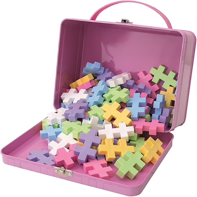 PLUS PLUS Building Set with Metal Suitcase, Open Ended Stem Toy for Toddlers and Preschool, 70 Big Pastel Interlocking Pieces