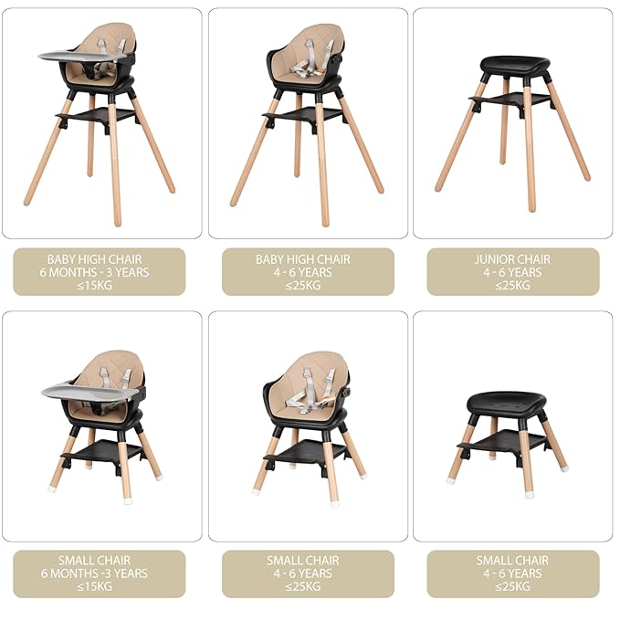 6 in 1 Baby High Chair, Convertible Wooden High Chairs/Booster Seat for Babies and Toddlers, Baby Feeding Chair with 5-Point Harness/Double Removable Tray & Adjustable Footrest (Black)