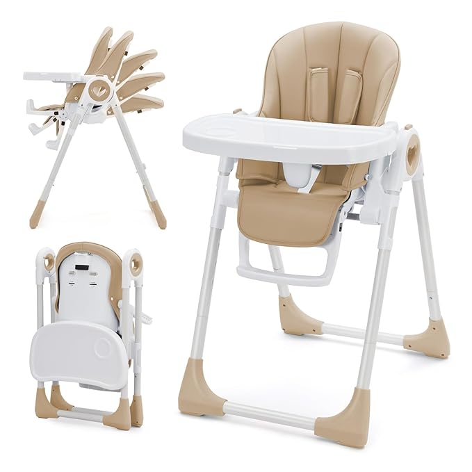 Foldable High Chairs for Babies and Toddlers, Adjustable Infant Baby Chair with Removable Tray and Non-Slip Foot Pads, Highchair for Children Aged 6 to 36 Months, Champagne