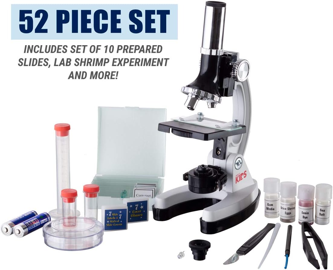 AmScope M30 Series 52-Piece STEM Microscope Kit for Kids - Monocular, Portable Compound Microscope for Kids - Includes The World of The Microscope, Petri Dish, Slides & More - White