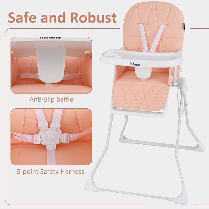 INFANS Baby High Chair, Quick Folding Portable Highchair for Babies and Toddlers with Adjustable Footrest Removable Dishwasher Tray PU Seat, Compact Highchairs for Baby Age 6-36 Months (Pink)