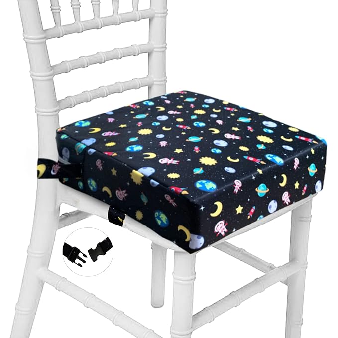Taeku Booster Seat for Dining Table, Portable Kids Toddler Booster Chair Increasing Cushion Cartoon Seat Pad with 2 Safety Buckles for Kitchen Restaurant (Planet Black)