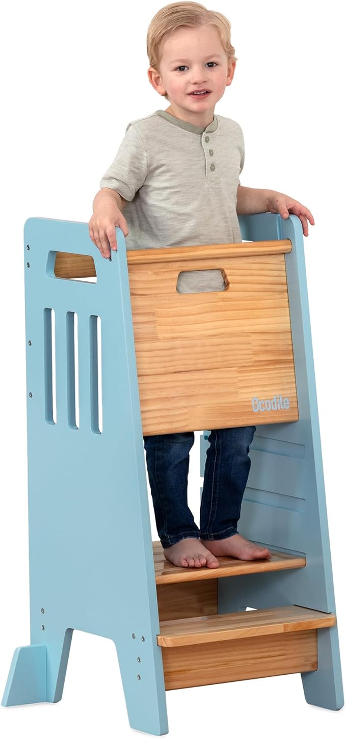 OCODILE Toddler Tower with a Sliding Door and 3 Adjustable Heights - Complete Toddler Kitchen Stool Helper with Support Feet - Safe Design for 18+ Months to 6-Year-Old Kids - Blue