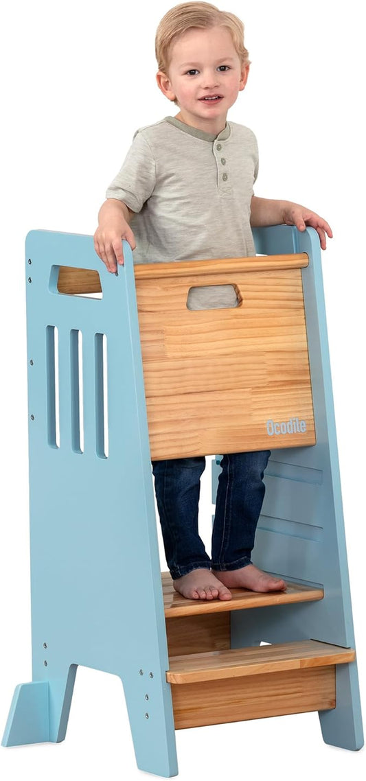 OCODILE Toddler Tower with a Sliding Door and 3 Adjustable Heights - Complete Toddler Kitchen Stool Helper with Support Feet - Safe Design for 18+ Months to 6-Year-Old Kids - Blue