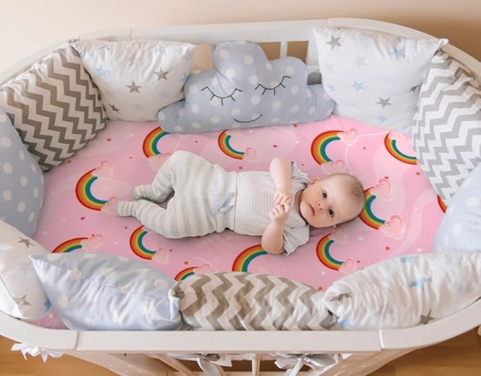4 Pack Soft Baby Girl Bassinet Sheets for Bassinet Mattress Unicron Rainbow Heart Cute Neutral Polyester Unisex Fitted Bassinet Sheets Set for Baby Girls