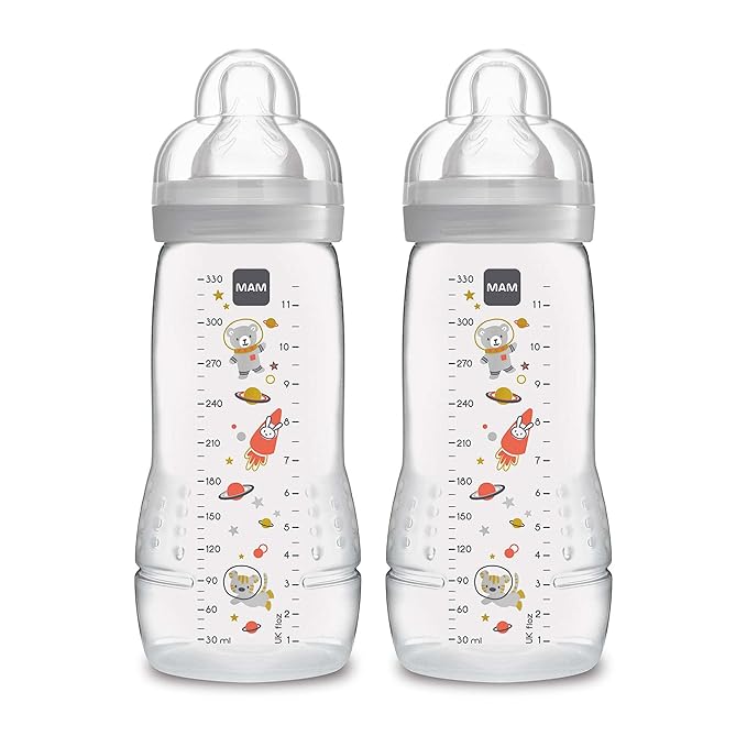 MAM Easy Active Baby Bottles 11oz, Fast Flow Skinsoft Silicone Nipple with Wide Neck Ergonomic Design, Easy to Hold, BPA-Free, Bottles with Leak-Proof Caps for 4+ Months Baby