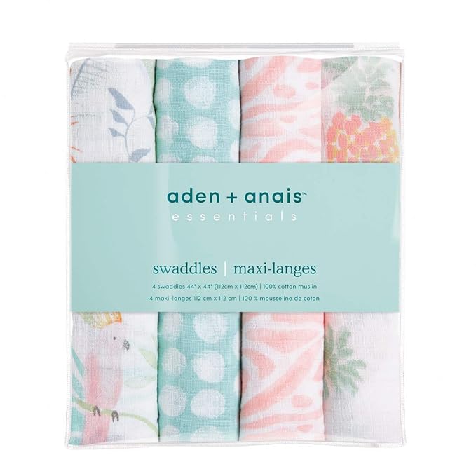 aden + anais Essentials Swaddle Blanket, Boutique Muslin Blankets for Girls & Boys, Baby Receiving Swaddles, Ideal Newborn & Infant Swaddling Set, Perfect Shower Gifts, 4 Pack, Tropicalia