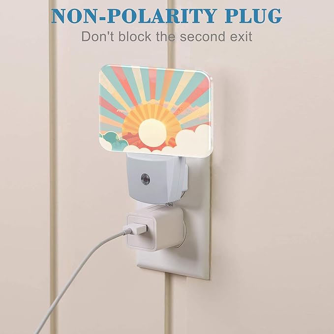Boho Pastel Sun Night Light Retro Sunrise Nightlight Plug into Wall with Dusk to Dawn Sensor for Kid Girls Boys Women Men Room, Hallway, Kitchen, Bathroom, Stairs Decor