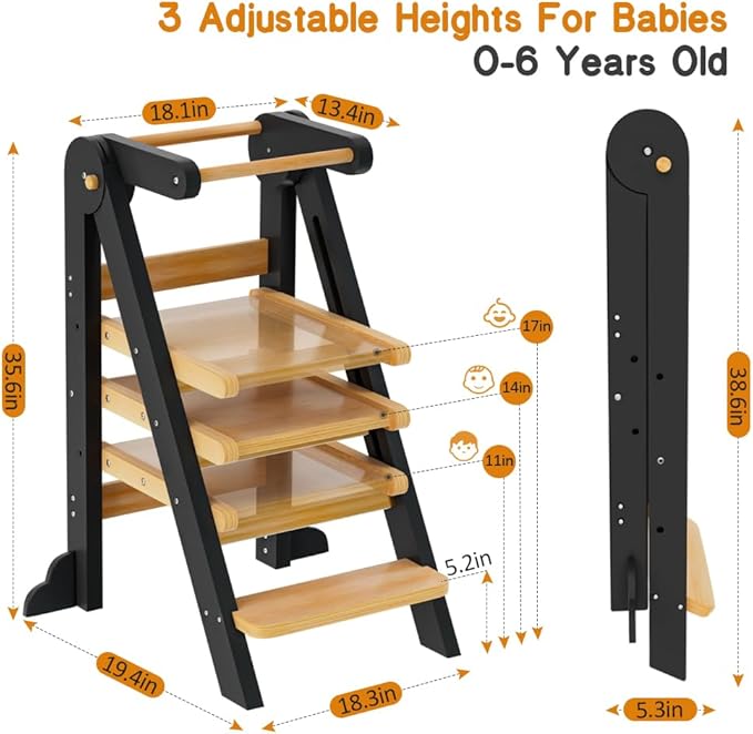 Toddler Tower, Foldable Step Stool for Toddlers, Toddler Kitchen Stool Helper with 3 Adjustable Height Safty Rail and Anti-Tip Structure, Learning Tower for Toddlers Baby Kids
