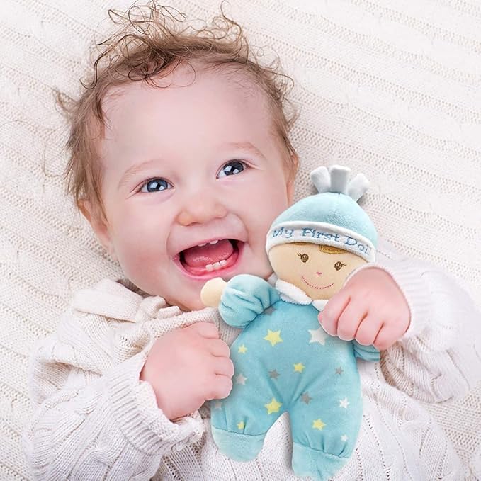 June Garden 9" My First Doll Noah - Soft Plush Baby Doll with Rattle - Baby Blue Outfit