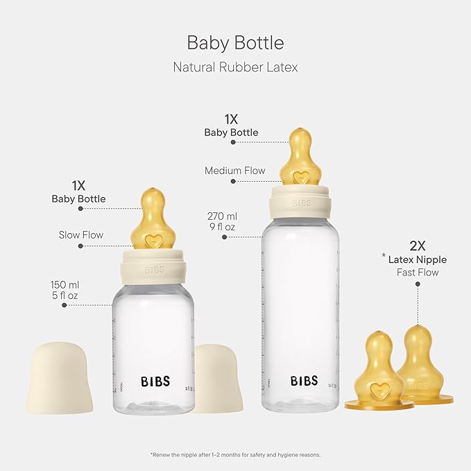 BIBS Baby Bottle Grow & Flow Starter Kit Natural Rubber Latex - Anti-Colic, BPA-Free, Round Nipple, Slow/Medium/Fast Flow, Lightweight & Easy to Clean, Suitable for Newborns 0+ Years - Ivory