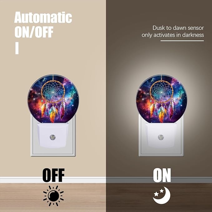 Round LED Night Lights Lamp with Dusk to Dawn Sensor, Colorful Dreamcatcher with Feathers in The Center Night Light Plug Into Wall for Kids Room, Bedroom, Bathroom, Kitchen, Hallway