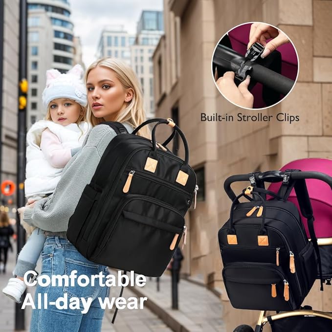 18 Pockets Large Diaper Bag Backpack with Waterproof Pockets and Stroller Buckle, Convertible Baby Bag (XL Black, Extra Large)