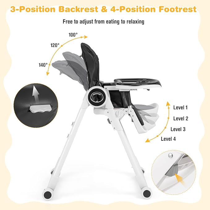 BABY JOY High Chair for Babies & Toddlers, Foldable Highchair with Adjustable Backrest/Footrest/Seat Height, Double Removable Trays, Detachable Seat Cushion, 4 Lockable Wheels (Black)