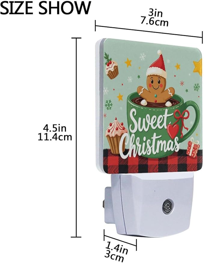 Aslsiy Night Light for Kids Gingerbread Man Cup Christmas Plaid Plug in Wall Lamp LED Dusk to Dawn Sensor Energy Saving Nightlight for Boys Girls Men Women