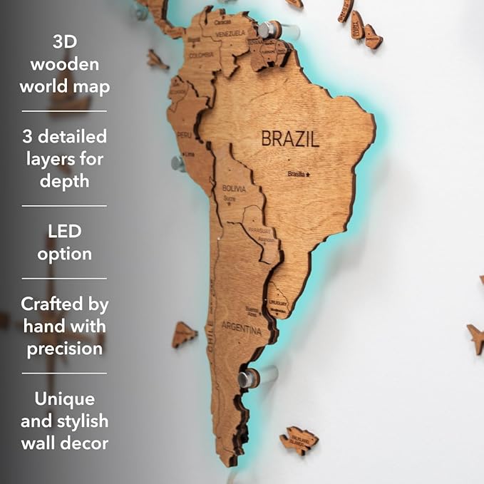 Enjoy The Wood 3D Wood World Map LED 3.0 Wall Art Modern Home Decor Gifts LED Lighting Wall Decor Housewarming Gift (Oak)