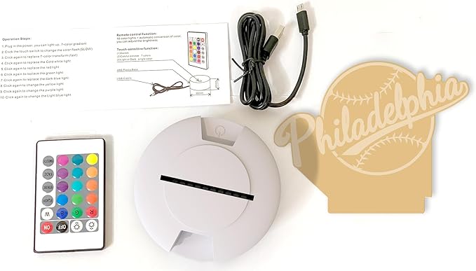 CLORURBANLIVE 3D Baseball Philadelphia Night Light 3D Illusion Lamp with Remote Control 16 Color Options Sports Decor Lighting for Fans - Multicoloured OneSize