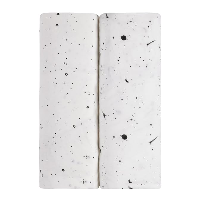Ely’s & Co. Crib Sheets, Baby Girl/Boy Fitted Crib Mattress Sheet Set, 2 Pack, 100% Jersey Knit Cotton, Infant and Toddler Nursery Bedding, Black and White Celestial Print, 28” x 52”