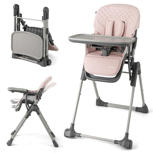INFANS Baby High Chair, Convertible Quick Folding Portable Highchair for Babies and Toddlers with Adjustable Height Backrest Footrest 2 Wheels Removable Tray, Easy to Clean PU Seat (Pink)